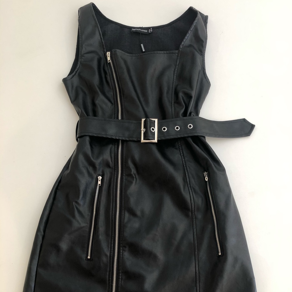 Prettylittlething black belted faux leather dress